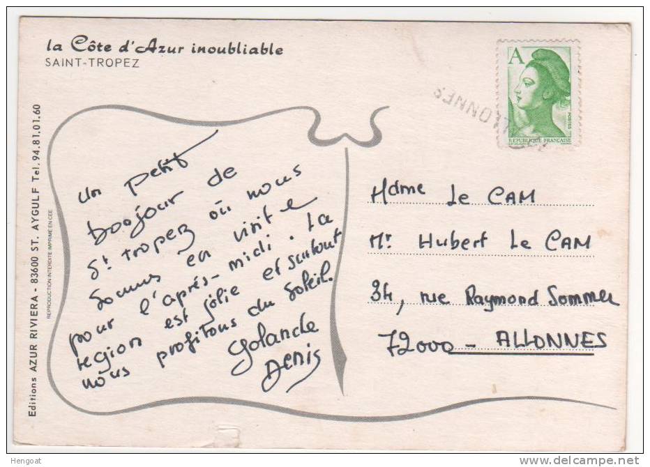 Griffe Linéaire En Arrivée  : " 72 Allonnes  " / Carte De St Tropez - Brieven En Documenten