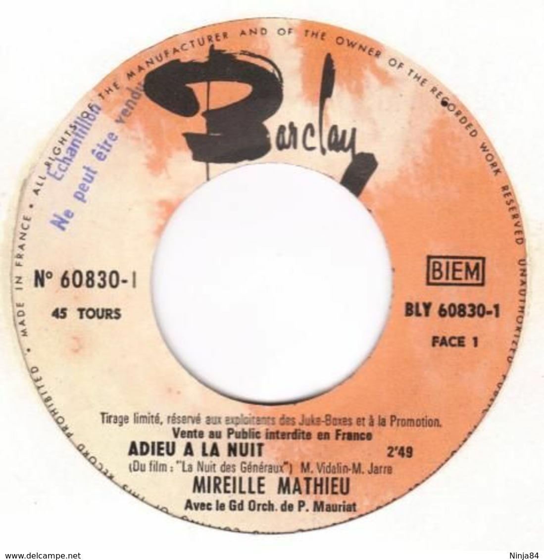 SP 45 RPM (7")  Mireille Mathieu  "  Adieu à La Nuit  "  Juke-box  Promo - Verzameluitgaven