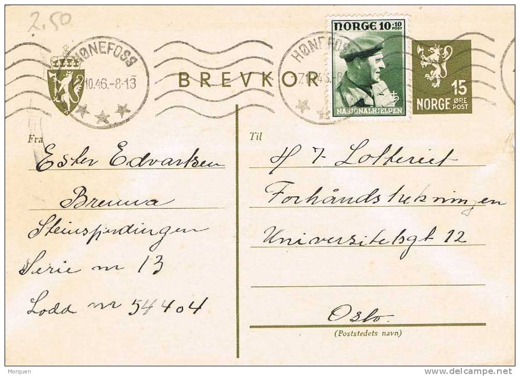 Carta Entero Postal HONEFOSS (Noruega) 1946 - Interi Postali