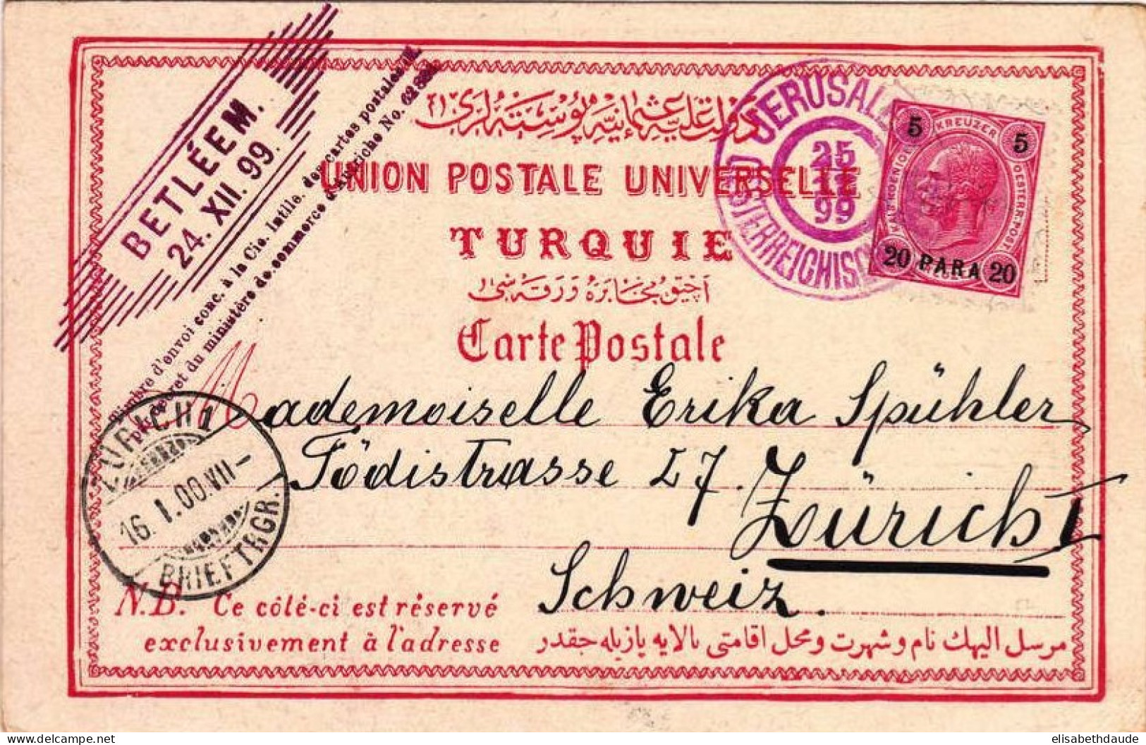 LEVANT  - 1899 - RARE CARTE POSTALE Du DERNIER NOËL DU 19° SIECLE à JERUSALEM Pour ZÜRICH - Levante-Marken