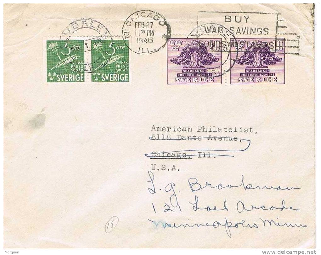 Carta ALVDALEN (Suecia) 1946 A Chicago. Reexpedite - Storia Postale