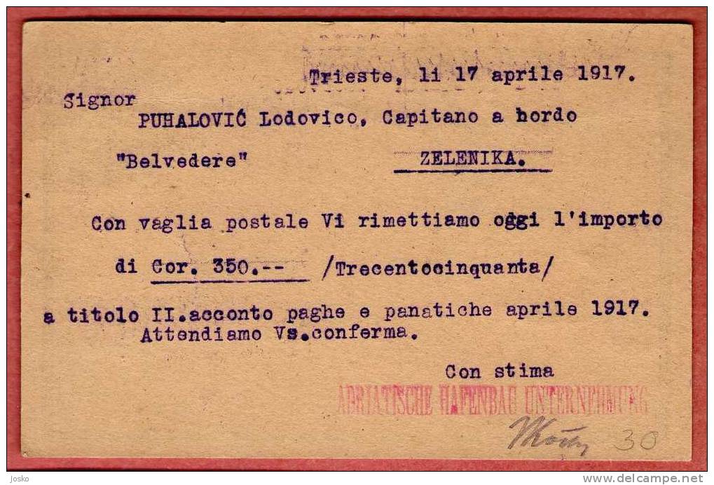 ADRIATISCHE HAFENBAUUNTERNEHMUNG TRIESTE ( Italy - 1917. To Zelenika , Montenegro ) * Captain Of The Ship Belvedere - Otros & Sin Clasificación