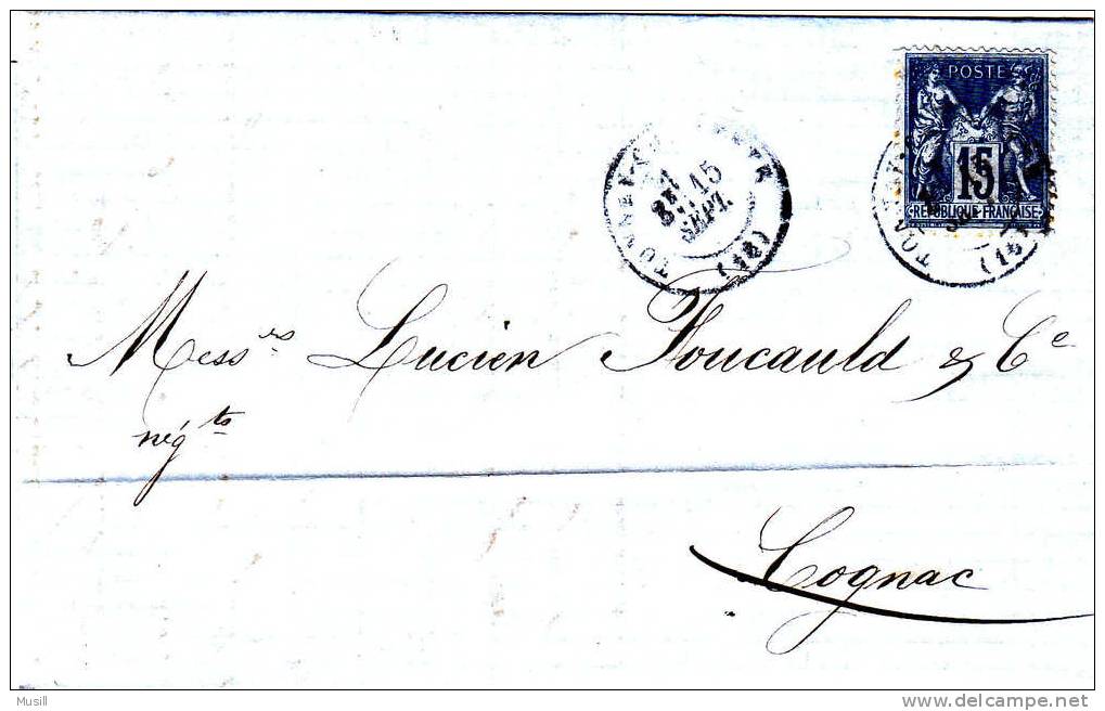 Courrier Envoyé De Tonnay-Charente à Cognac En Septembre 1880. - 1876-1878 Sage (Type I)