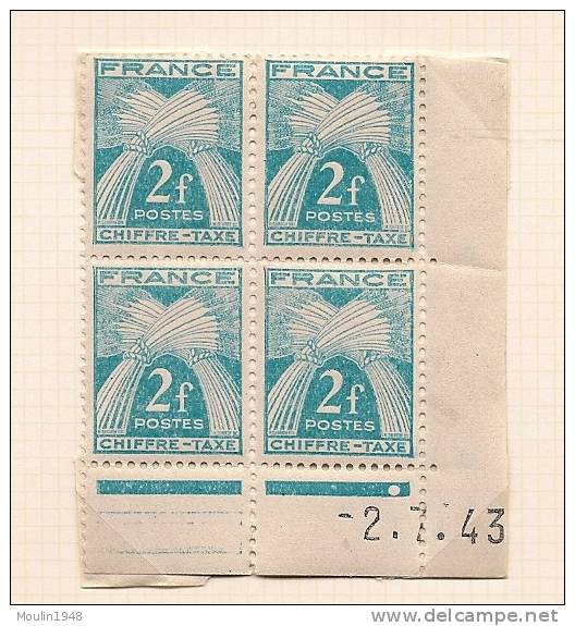 Bloc De 4 YT Taxe 72 Type Gerbes 2f Coin Daté Du 2-7-43 - Taxe