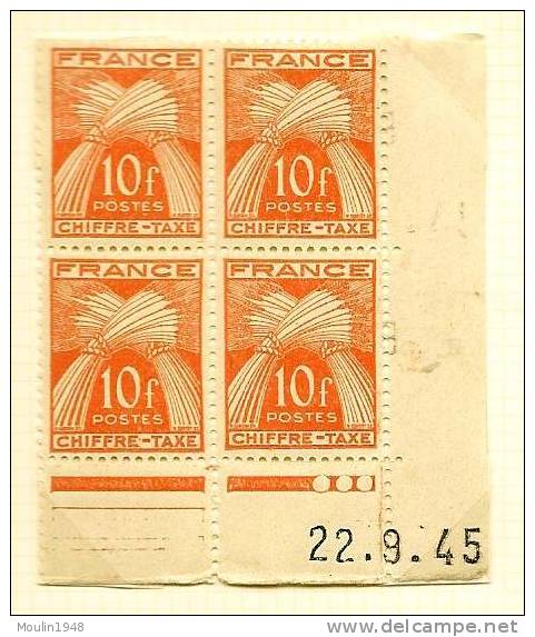 Bloc De 4 YT Taxe 76 Type Gerbes 10 F Coin Daté Du 22-9-45 - Taxe