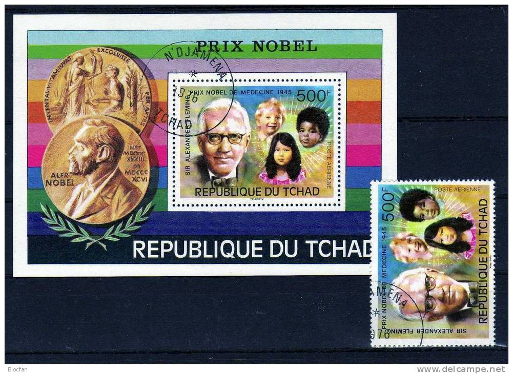 Medizin-Preis 1945 Für Alex Flemming Tschad 768 Plus Block 67 O 7€75 Jahre Nobelpreis Bloc Medici Sheet From Chad - Médecine