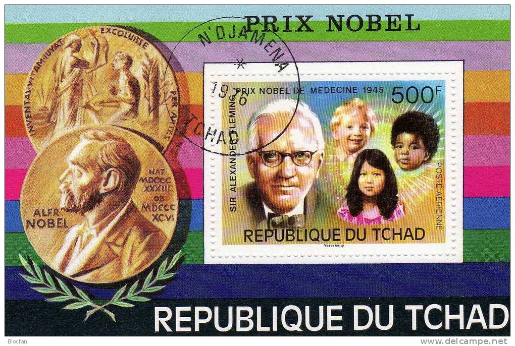 Medizin-Preis 1945 Für Alex Flemming Tschad 768 Plus Block 67 O 7€75 Jahre Nobelpreis Bloc Medici Sheet From Chad - Médecine