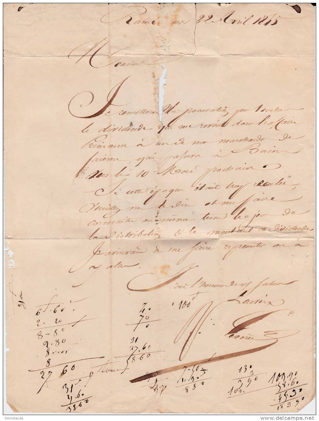 VOSGES - 1845 - CACHET TYPE T13 Sur LETTRE De RAMBERVILLERS Pour BAINS Avec TAXE De 3 - 1801-1848: Précurseurs XIX