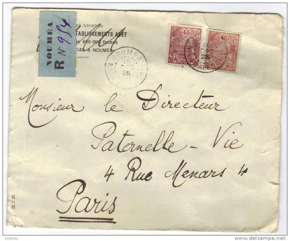 Timbre NOUMEA 1925 Recommande Pour Paris - Lettres & Documents