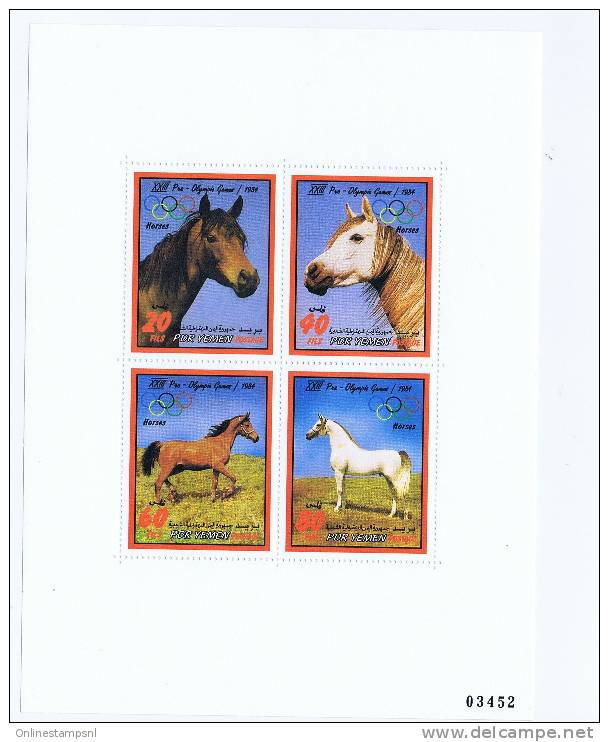 Pre Olympic Games 1984, Yemen MNH Block Of 4 Non Perforated And Numbered Michel Block 11 - Chevaux