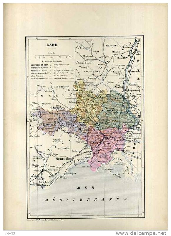 -  FRANCE . DEPARTEMENT DU GARD . CARTE GRAVEE EN COULEURS AU XIXe S. - Geographical Maps
