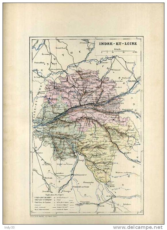 -  FRANCE . DEPARTEMENT D'INDRE ET LOIRE . CARTE GRAVEE EN COULEURS AU XIXe S. - Geographical Maps