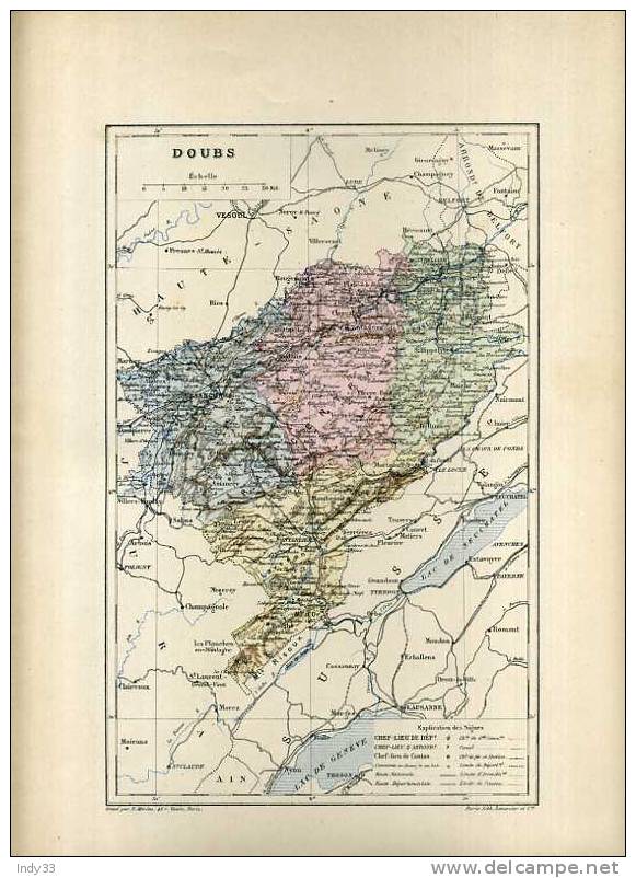 -  DEPARTEMENT DU DOUBS . CARTE GRAVEE EN COULEURS AU XIXe S. - Carte Geographique