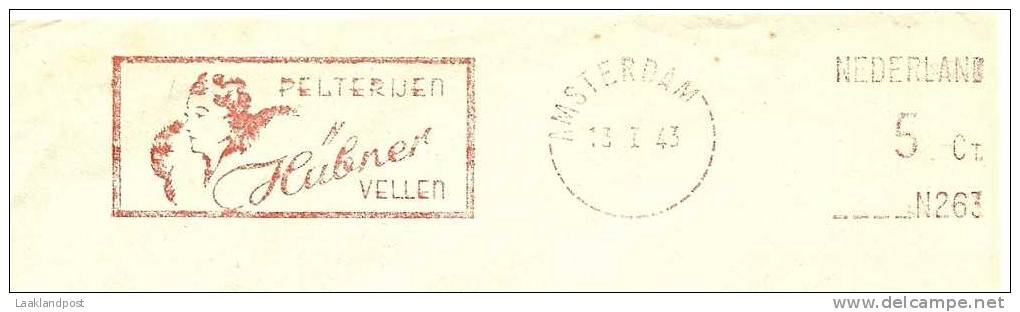 Netherlands Firm Cover Nice Meter PELTERIJEN HUBNER VELLEN, Amsterdam 13-1-1943 (E1524) - Textiel