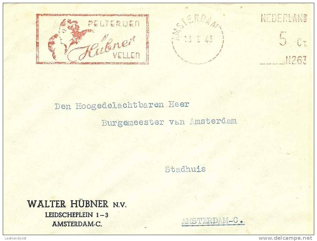 Netherlands Firm Cover Nice Meter PELTERIJEN HUBNER VELLEN, Amsterdam 13-1-1943 (E1524) - Textiel