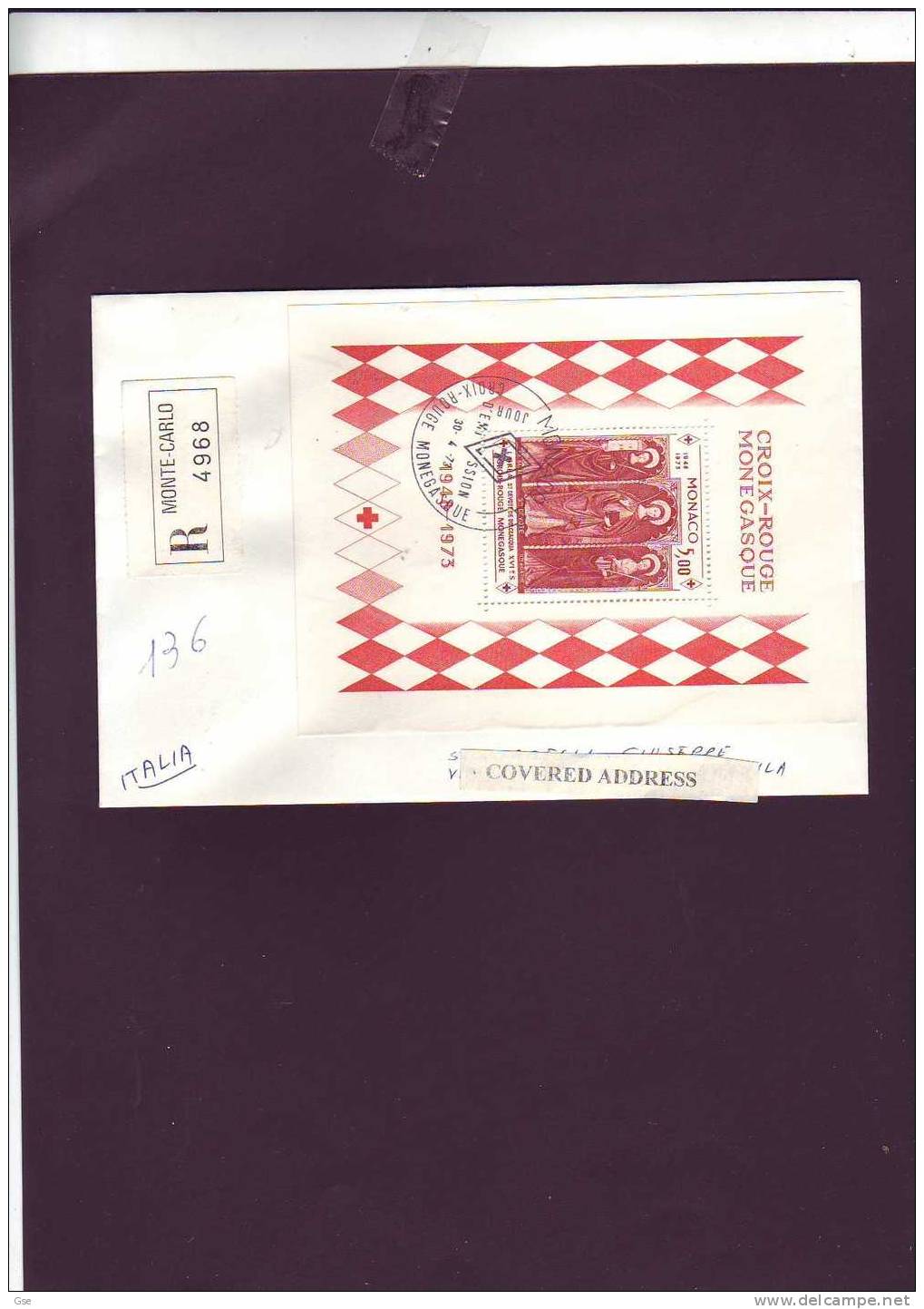MONACO  1973 - Raccomandata Con Yvert  BF 7 - Croce Rossa - Brieven En Documenten