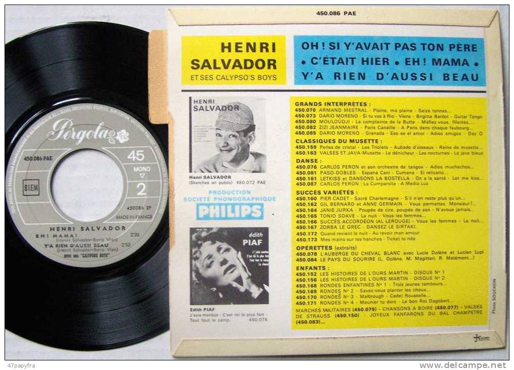 Henri SALVADOR 45T VINYLE EP BIEM ORIGINAL + Languette En Parfait état. Oh!  Si Y´avait Pas Ton Père...MINT - 45 Rpm - Maxi-Singles