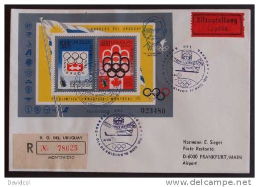 SA138-URUGUAY .-. MI#: BK24.-. 1976 REGISTERED AND CIRCULATED COVER TO GERMANY. MONREAL`76.-. - Verano 1976: Montréal