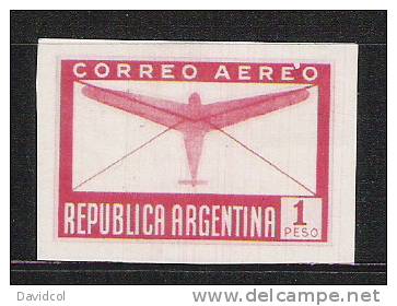 Q696.-.ARGENTINA .-. 1940 .-. MI#: 458  - MH  AIR STAMP .-. PLANE AND LETTER .-. IMPERFORATE NO LISTED. - Neufs