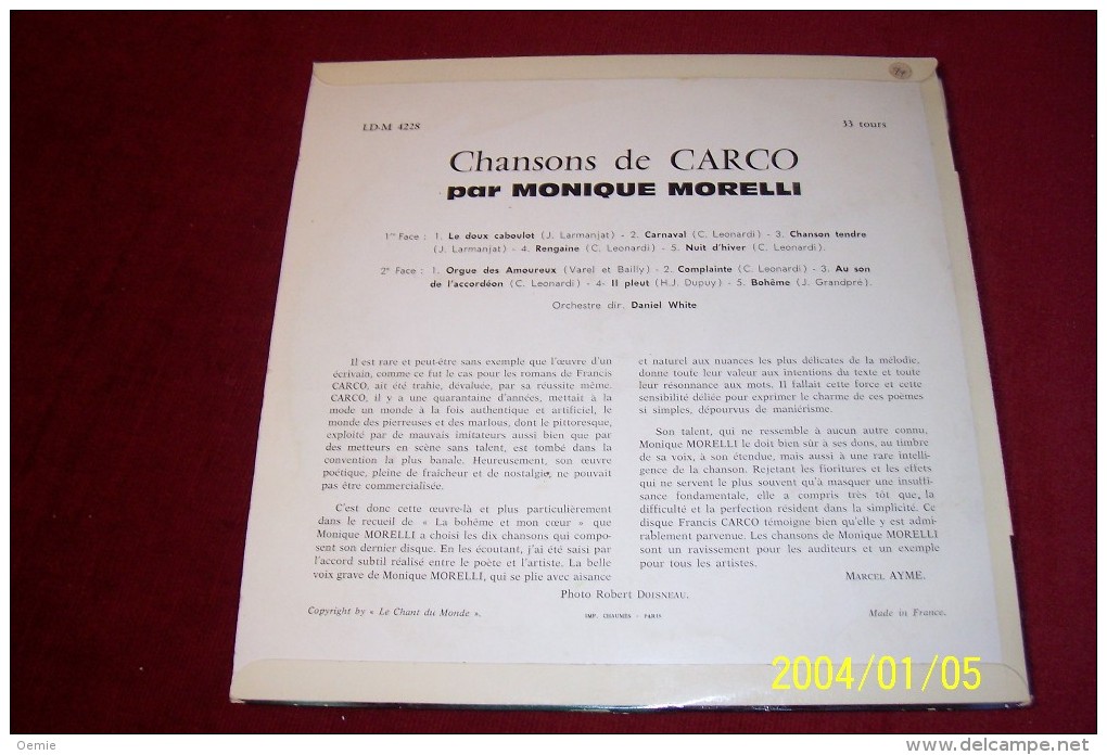 MONIQUE  MORELLI  °  CHANSONS DE CARCO ° LE DOUX CABOULOT - Formati Speciali