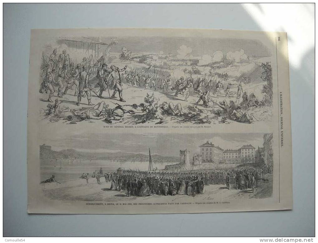 GRAVURE 1859. MORT DU GENERAL BEURET, A L'ATTAQUE DE MONTEBELLO.  ARONA ; PRISONNIERS AUTRICHIENS FAITS PAR GARIBALDI. - Stampe & Incisioni