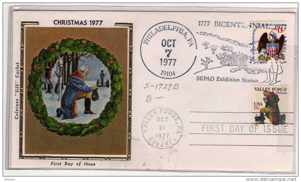 U.S.A: 1977 Très Belle Enveloppe Sur Soie Noel 77 Belle Illustration Et Oblitération 200 Ans De "Valley Forge" - Lettres & Documents