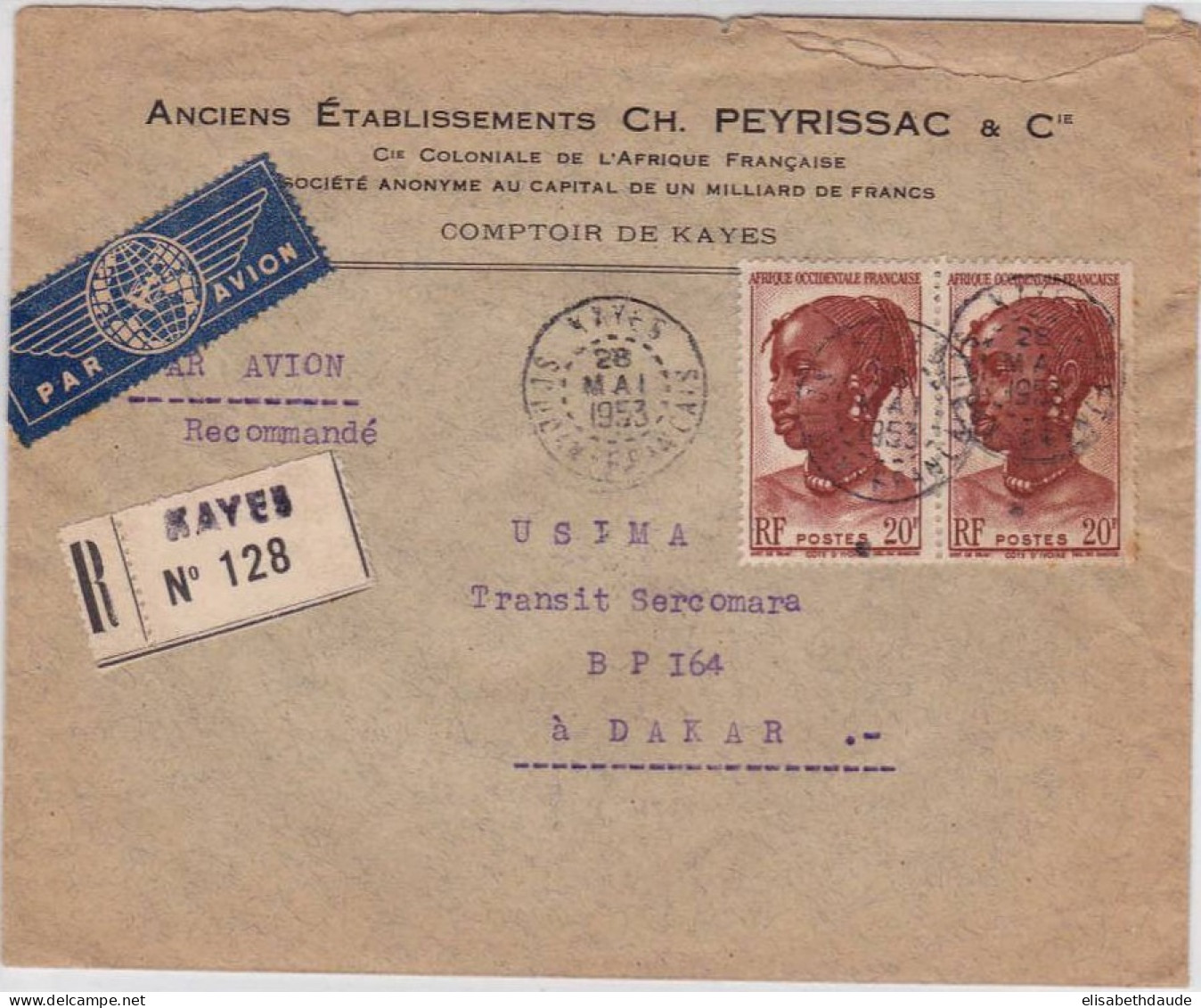 AOF - 1953 - YVERT N°41 En PAIRE Sur LETTRE COMMERCIALE RECOMMANDEE Par AVION De KAYES (SOUDAN) Pour DAKAR - Covers & Documents