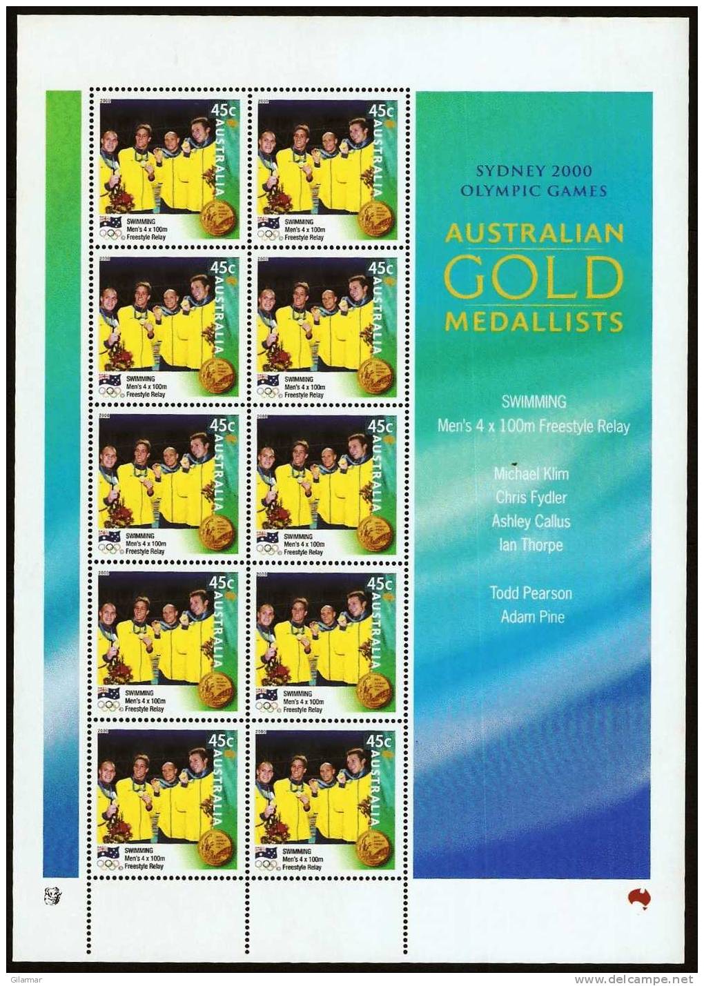 OLYMPIC - AUSTRALIA 2000 - AUSTRALIAN GOLD MEDALLISTS - SWIMMING - MEN´S 4X100 M. FREESTYLE RELAY - SHEETLET - Estate 2000: Sydney