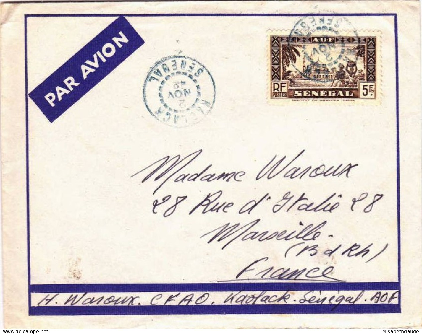 SENEGAL - 1942 - YVERT N°135 SEUL Sur LETTRE Par AVION De KAOLACK Pour MARSEILLE - Storia Postale