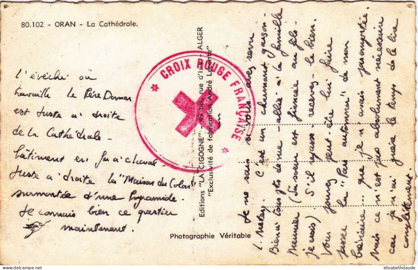 ALGERIE - OBLITERATION CROIX ROUGE Sur CARTE POSTALE D'ALGER - Rotes Kreuz