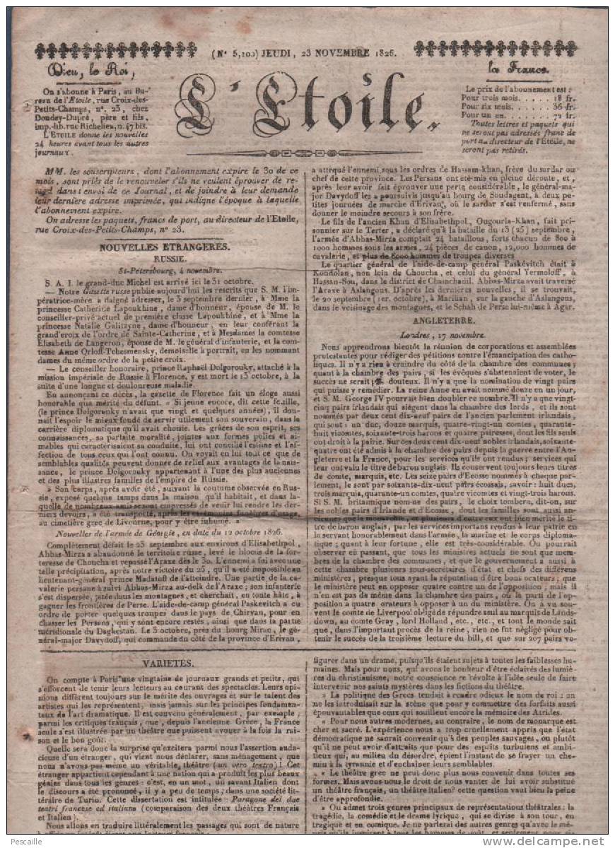 L´ETOILE 23 11 1826 - RUSSIE ARMEE DE GEORGIE - LONDRES CATHOLIQUES - THEATRES PARIS SPECTACLES - JUBILE MONTPELLIER - - 1800 - 1849