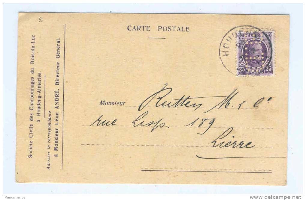 388/17 - Carte Privée TP Houyoux PERFORE B.D. HOUDENG 1926 Vers LIERRE - Entete Charbonnages Du Bois-du-Luc - 1922-1927 Houyoux