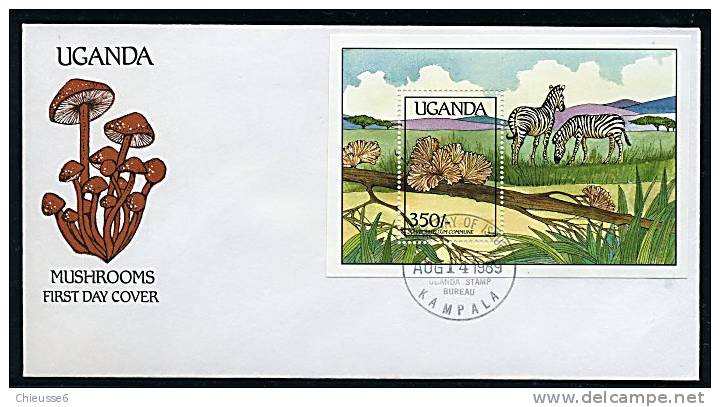 Ouganda Ob Bloc N° 94 - Env. 1er Jour - Champignons, Zèbres (lot 8) (17 P3) - Uganda (1962-...)