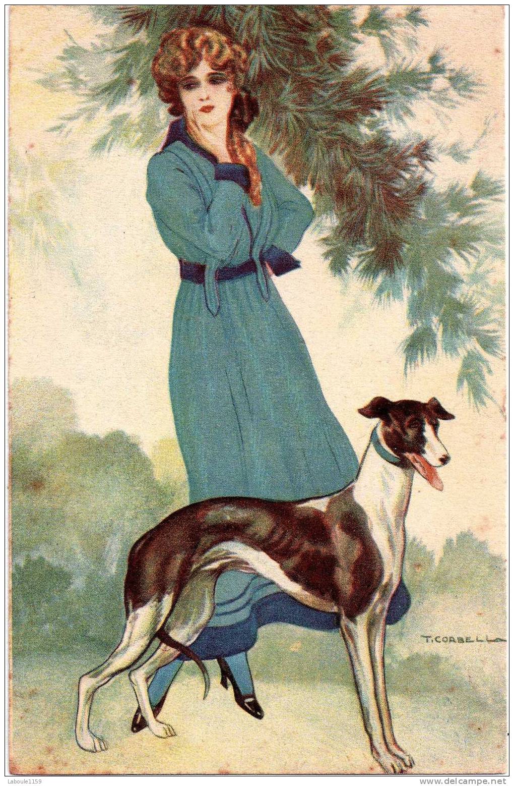 FANTAISIE FEMMES : "Femme Elégante Avec Son Chien" - Illustrateur Corbella T. - Corbella, T.