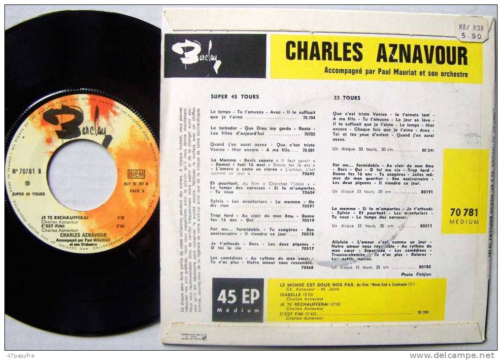 Charles AZNAVOUR 45T VINYLE EP BIEM ORIGINAL En Parfait état  Isabelle - Nueva Era (New Age)