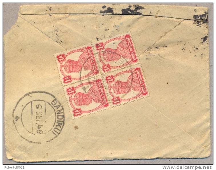 India 1948 Postal Stationery 1 And 1/2 Annas Registered From Baraut To Bandikui With Block Of Four Stamps 1 Anna - Omslagen