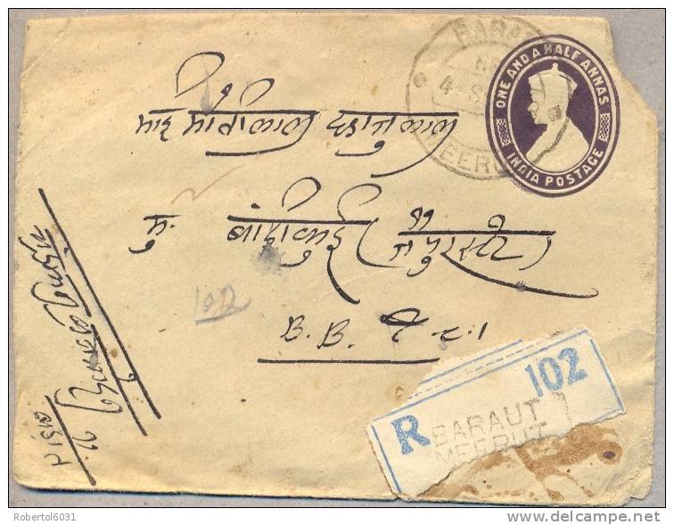 India 1948 Postal Stationery 1 And 1/2 Annas Registered From Baraut To Bandikui With Block Of Four Stamps 1 Anna - Buste