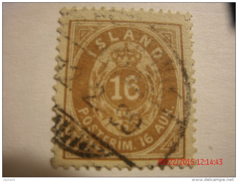 ICELAND 1876,  SCOTT# 12, 16 AURAR, BROWN, USED - Usados