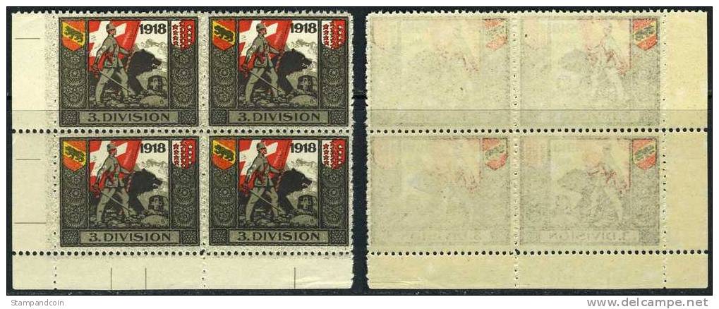 Swiss Military 3rd Div. No. 107 Corner Blk Of 4 MNH From 1914-18 - Vignettes