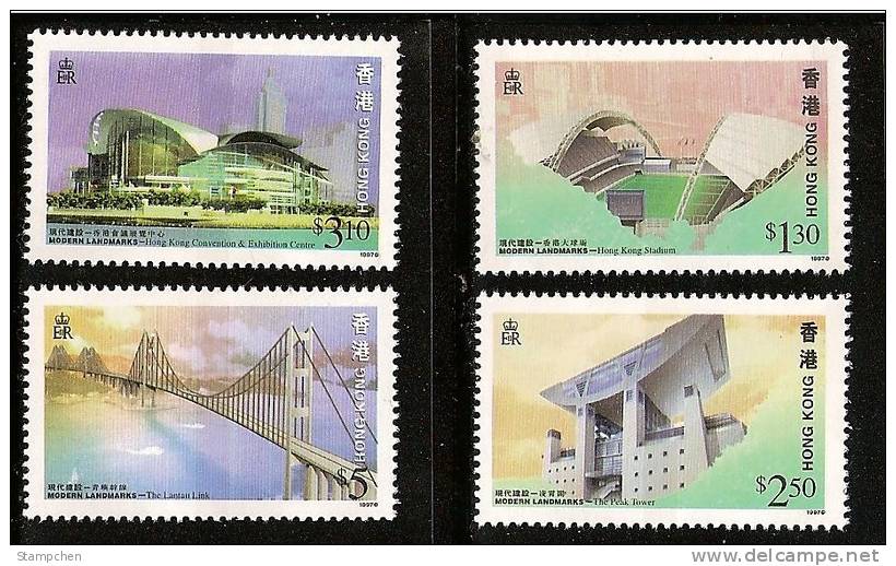 1997 Hong Kong Modern Landmarks Stamps Stadium Tower Architecture Bridge - Neufs