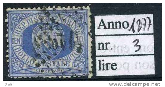 1877 San Marino , 10 Cent. Oltremare Usato - Used Stamps