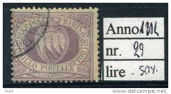 1894 San Marino , 20 Cent. Lilla Usato - Used Stamps