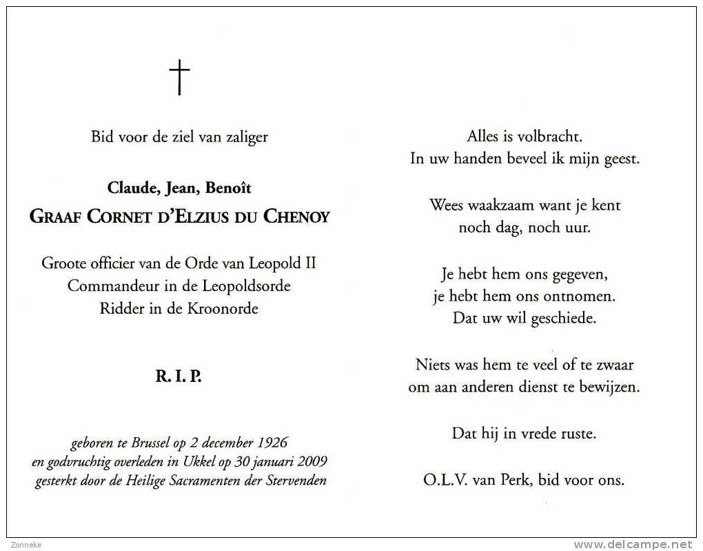 Doodsprentje Adel Cornet D'Elzius Du Chenoy Claude - Devotion Images