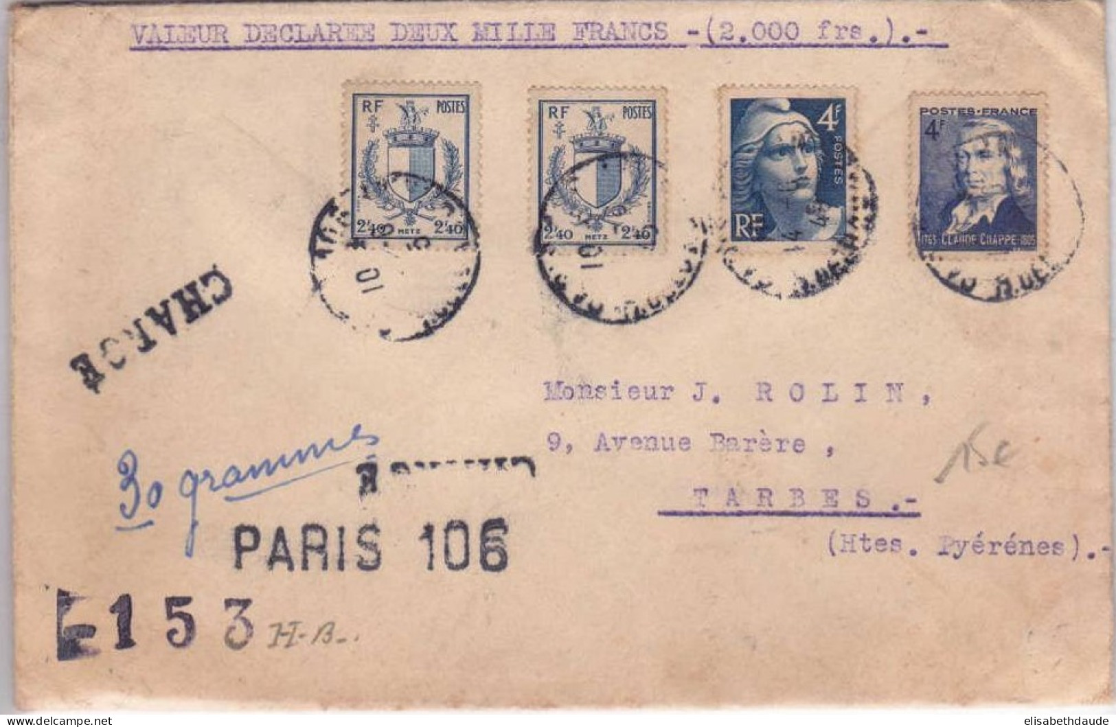 1945 - LETTRE RECOMMANDEE CHARGEE De PARIS 106 (CACHET PROVISOIRE) Pour TARBES  - GANDON - 1945-54 Marianne De Gandon