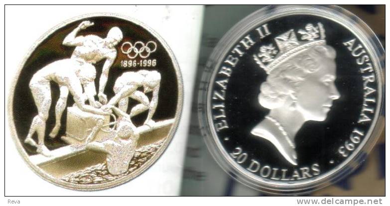 AUSTRALIA $20 DOLLARS ATLANTA OLYMPICS SPORT SWIMMER QEII HEAD 1YEAR 1993 1Oz SILVER PROOF  READ DESCRIPTION CAREFULLY!! - Other & Unclassified