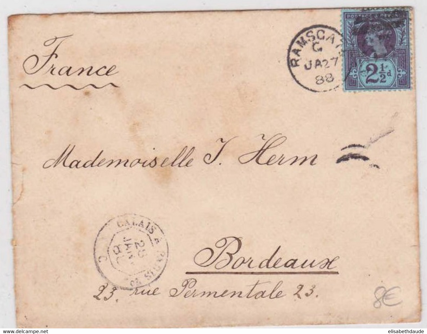 GB - 1888 - YVERT N° 95 SEUL Sur LETTRE De RAMSCATE Pour BORDEAUX - AMBULANT De JOUR CALAIS à PARIS 2° C - Storia Postale
