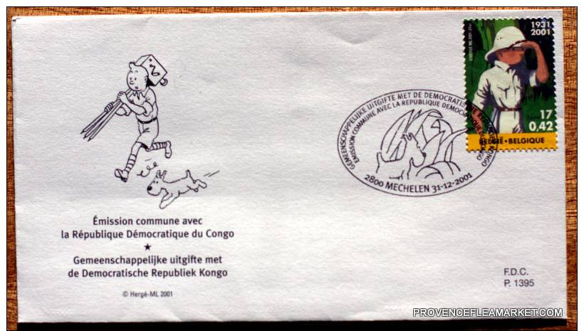 ENVELOPPE PREMIER JOUR D'EMISSION BELGIQUE  CONGO TINTIN HERGE 2001 - 2001-2010