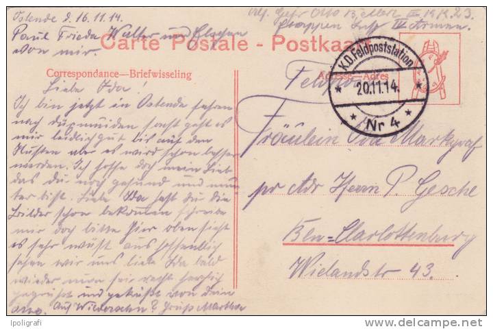 Germany - 1914 - K.D. Feldpoststation Nr. 4 - From Ostende To Germany - 20-11-14 - WW1