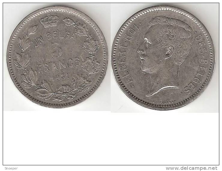 Belguim,5 Francs 1931 Frenche Pos. A,Albert I,vf - 5 Frank & 1 Belga