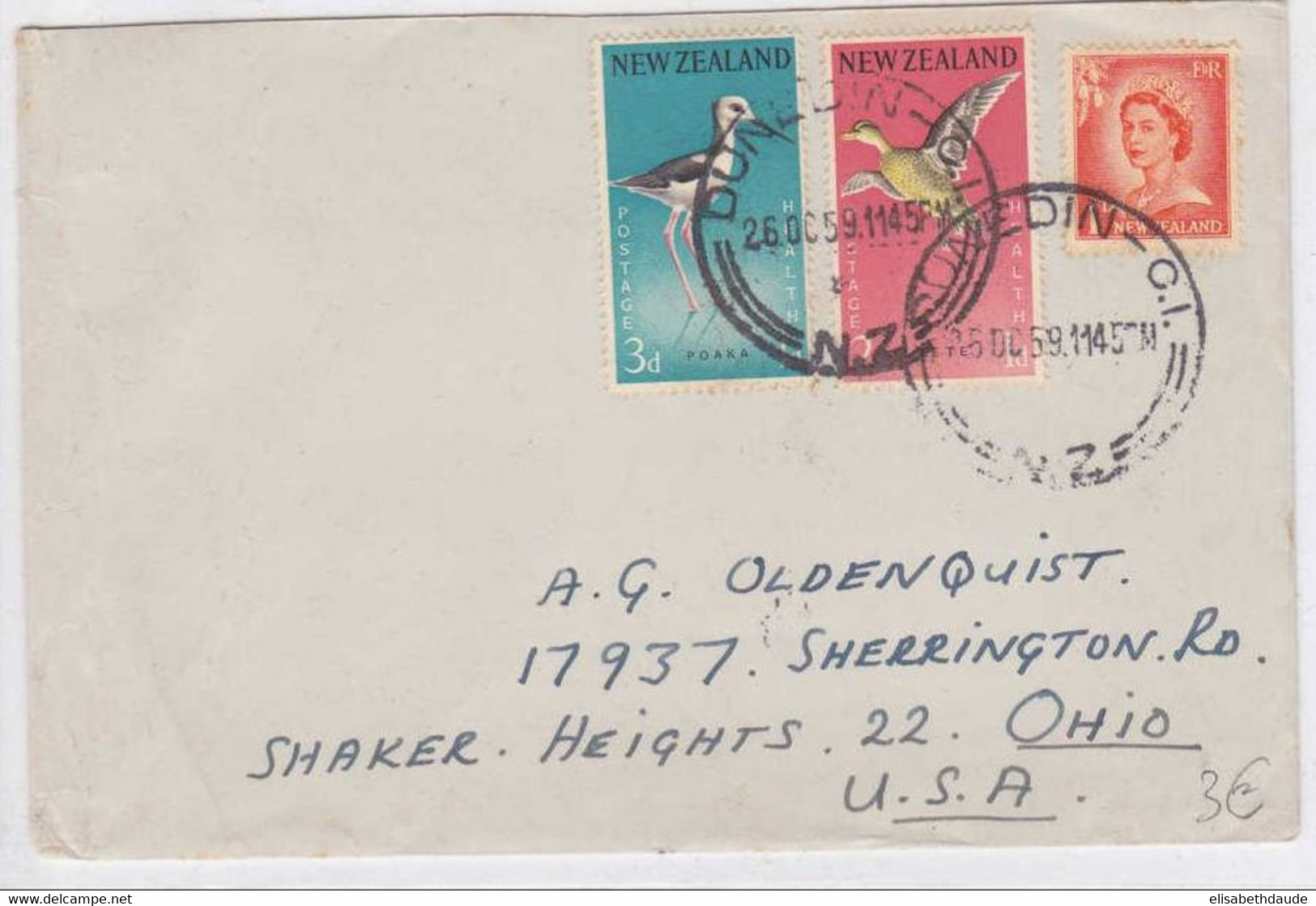 NEW ZEALAND - 1959 -  LETTRE De DUNEDIN Pour Les USA - OISEAUX - Covers & Documents